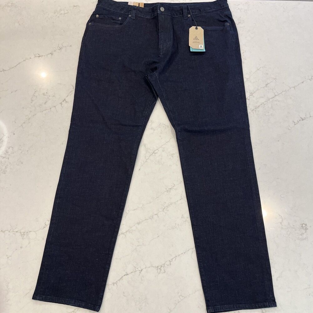 Prana Hillgard NEW Jeans Mens 42x34 Blue Dark Rinse Tapered Leg Slim Fit Organic